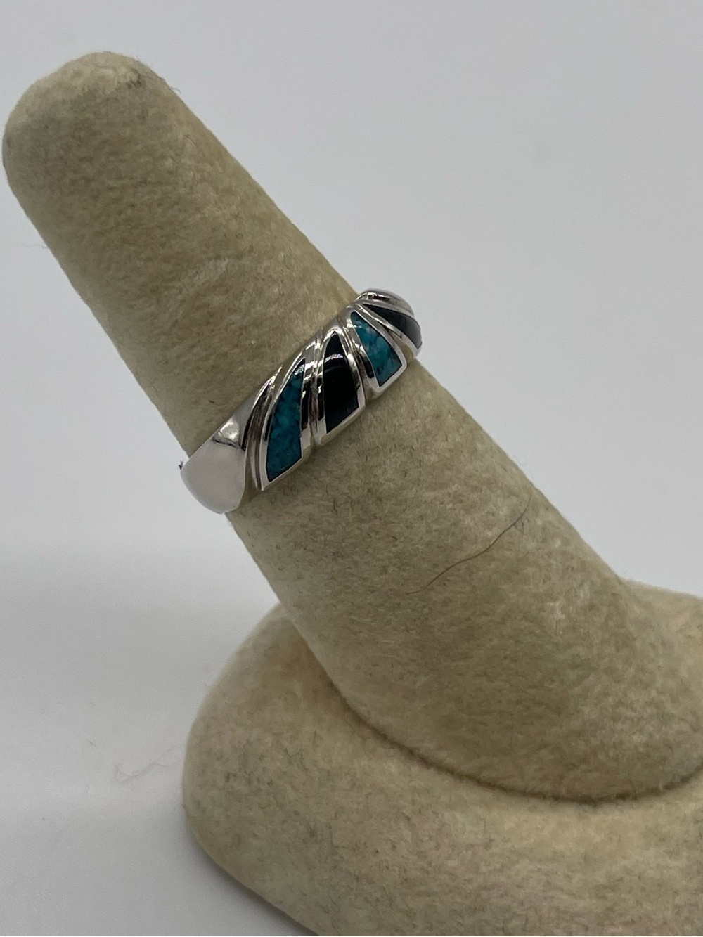 Silver Tone Inlay Ring with Blue and Black Accents